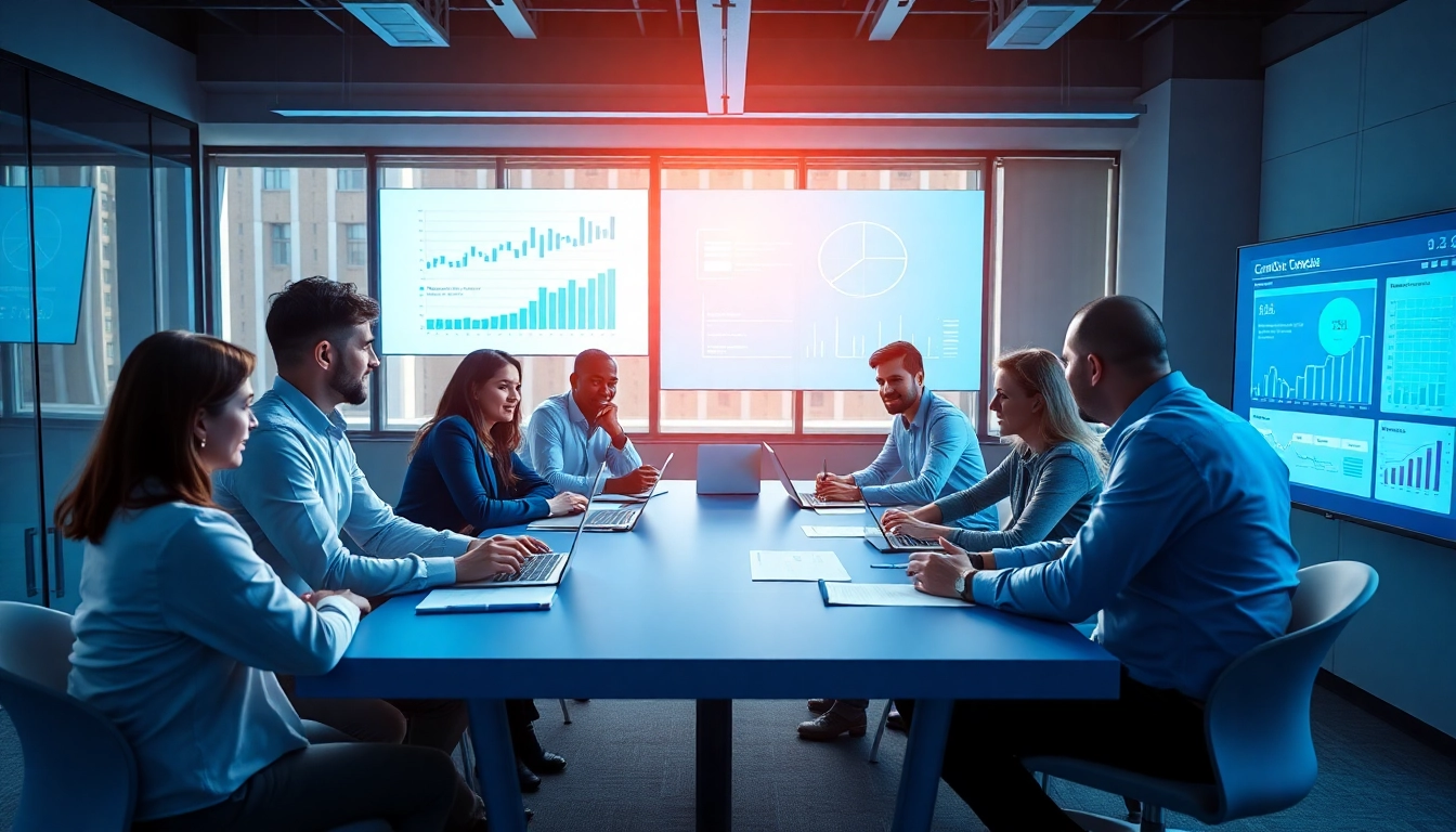 Engaged team collaborating on Contract Management in a modern office.