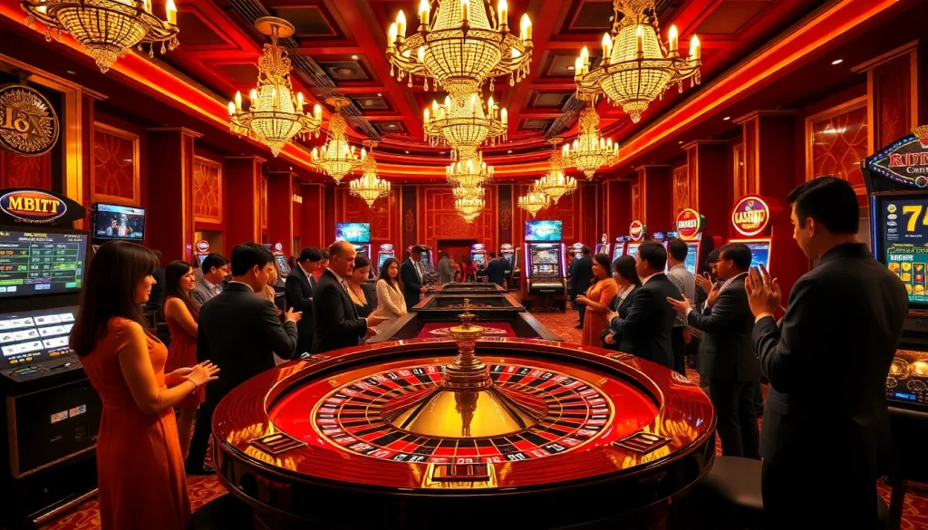 Players engaging in thrilling games at https://luck882.co.com/ casino, featuring roulette and slot machines.