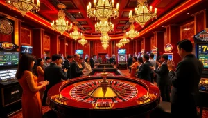 Players engaging in thrilling games at https://luck882.co.com/ casino, featuring roulette and slot machines.