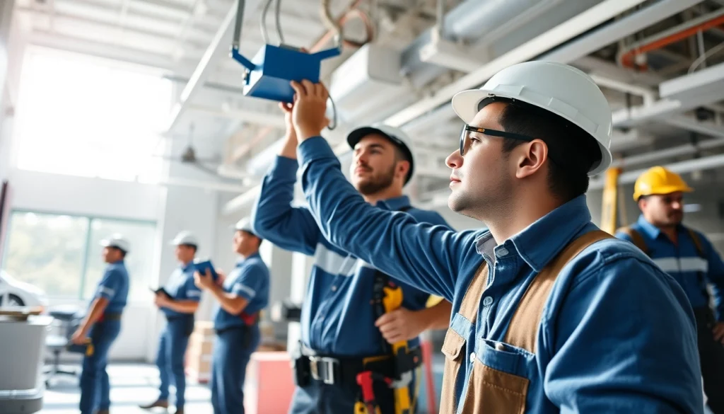 Electrician performing general building maintenance, surrounded by maintenance team and tools.