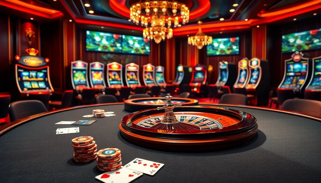 Scène de casino en ligne captivante avec poker, roulette et machines à sous vibrantes.