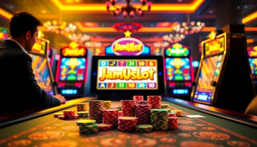Players enjoying Jamu Slot with vibrant slot machines and colorful chips in a lively casino setting