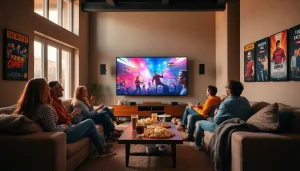 ชมภาพ ดูหนัง กับกลุ่มเพื่อนในห้องนั่งเล่นสวยงาม