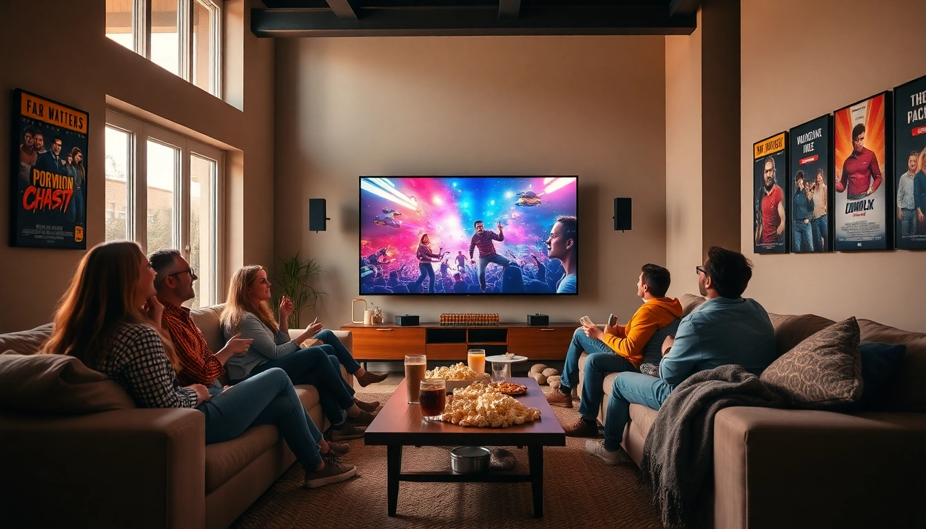 ชมภาพ ดูหนัง กับกลุ่มเพื่อนในห้องนั่งเล่นสวยงาม