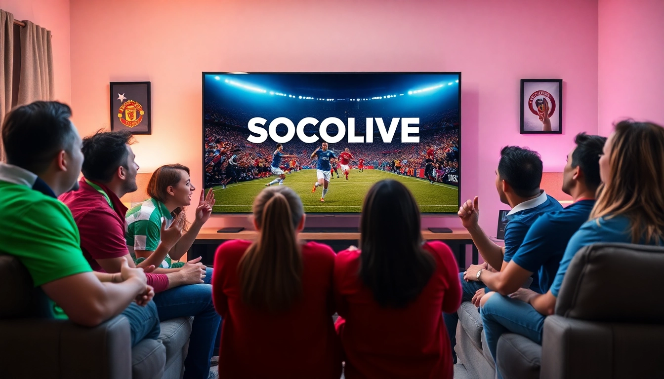 SOCOLIVE TV viewing experience with fans enjoying a live soccer match in a warm and inviting setting.