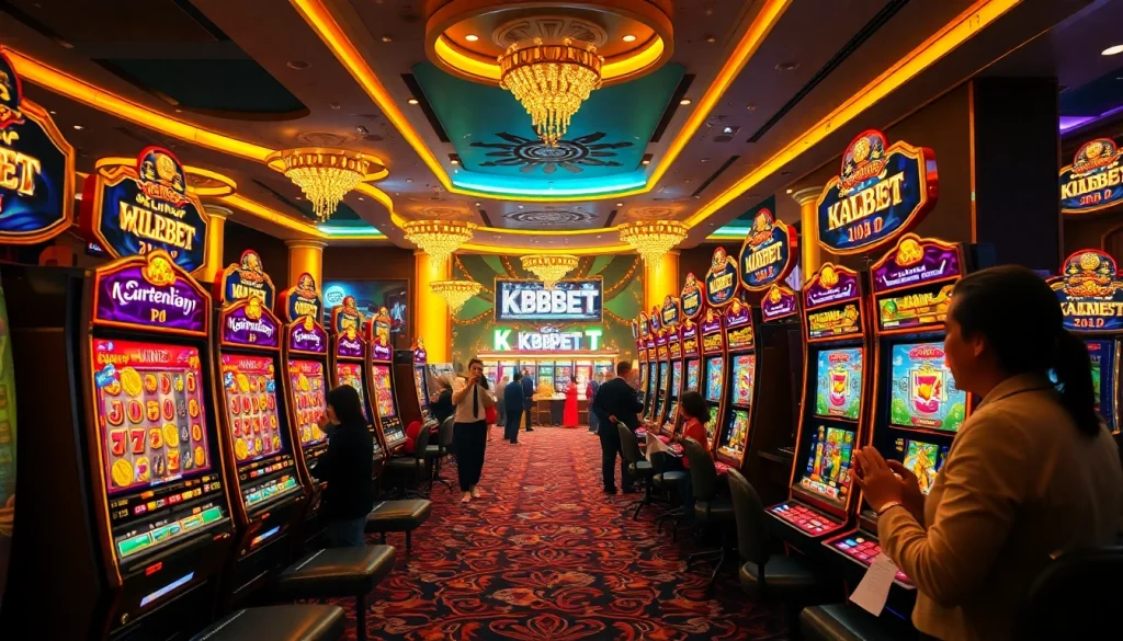 Engage with nổ hũ KBBET slot machines surrounded by celebrating players in a luxurious casino.