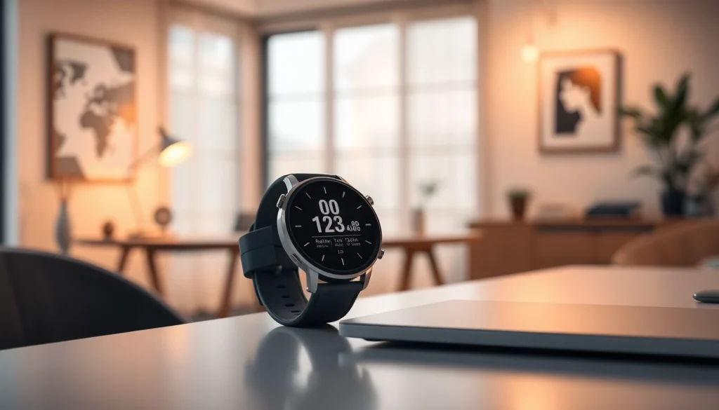 Showcasing the Finesse Smart Watch on a stylish desk, emphasizing modern design and functionality.