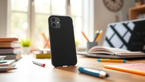 Praktische Handytasche Lehrer auf einem Schreibtisch mit Bildungsutensilien.