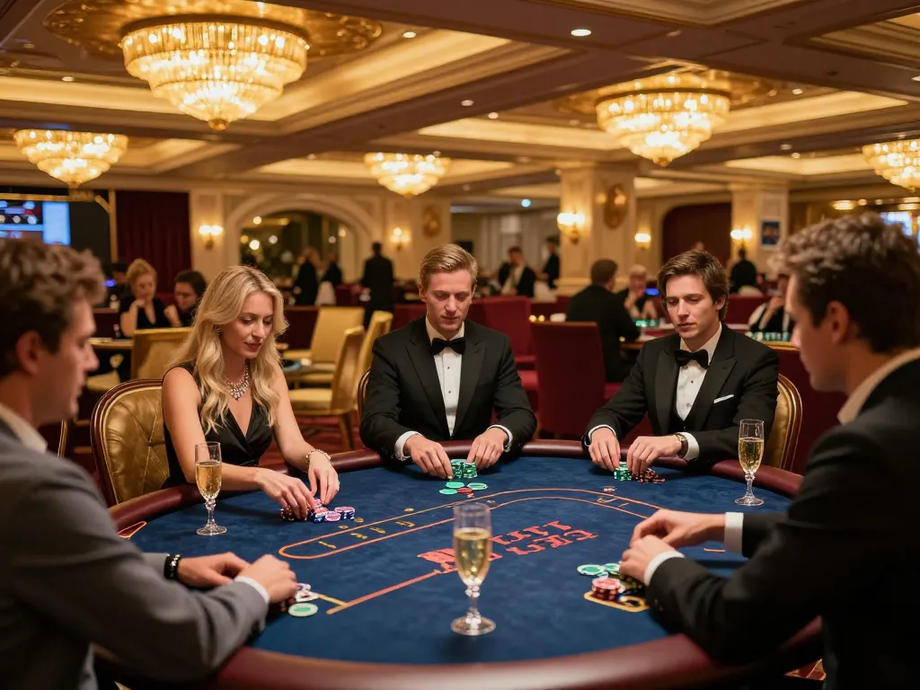 Exciting game at the 789 club's VIP poker table, with players celebrating their strategic wins in an upscale casino.