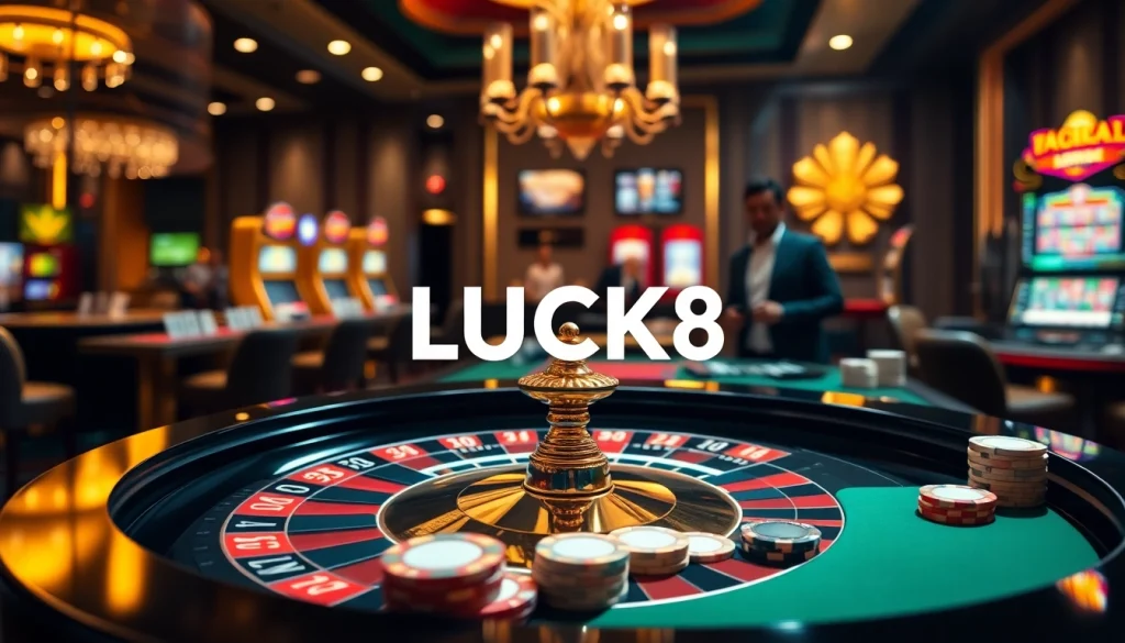 LUCK8 casino scene featuring a vibrant roulette table and poker chips, portraying excitement and luxury.