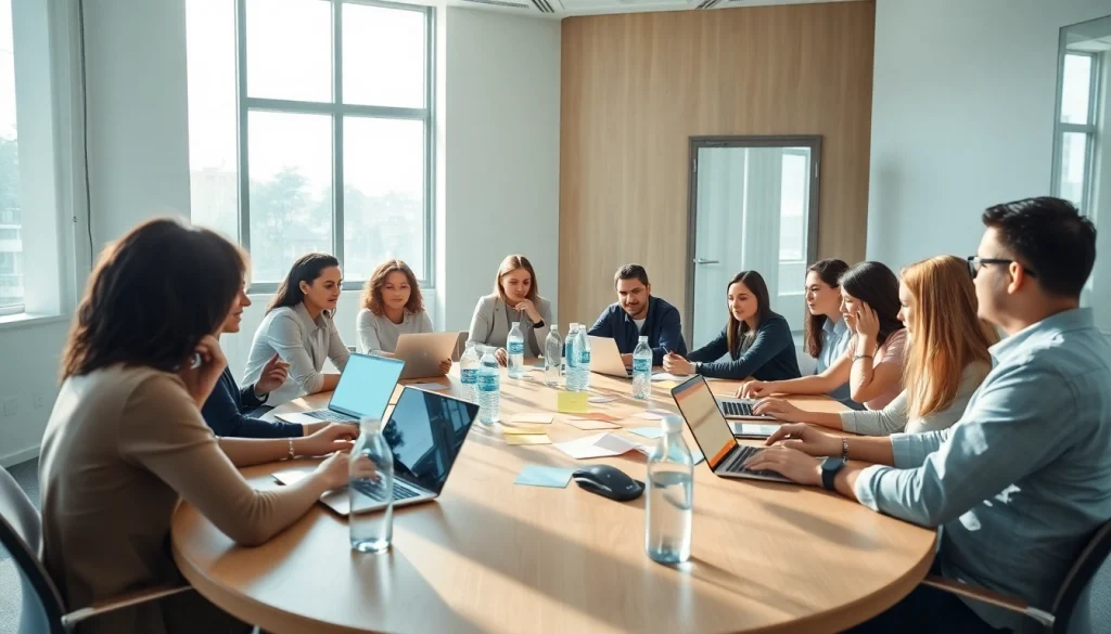 Brightet team collaborating in a bright, engaging office environment.