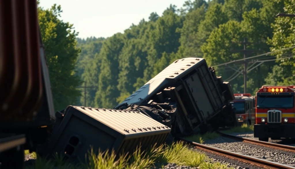 Depicting a freight train derailment scene with overturned cars and emergency vehicles.