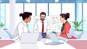 Engaged team discussing hubspot crm free in a bright, modern office, showcasing collaboration.