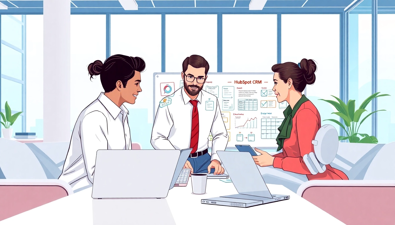 Engaged team discussing hubspot crm free in a bright, modern office, showcasing collaboration.