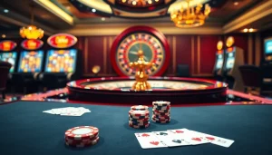 Découvrez l'excitation du casino en ligne avec un cadre de jeu de table dynamique, des jetons de poker et de la roulette.