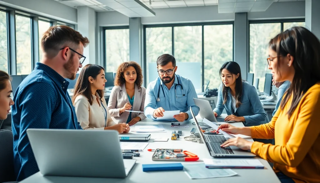 Hands-on workforce training with diverse professionals collaboratively learning in a bright classroom.