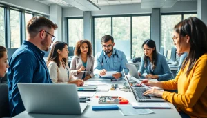 Hands-on workforce training with diverse professionals collaboratively learning in a bright classroom.