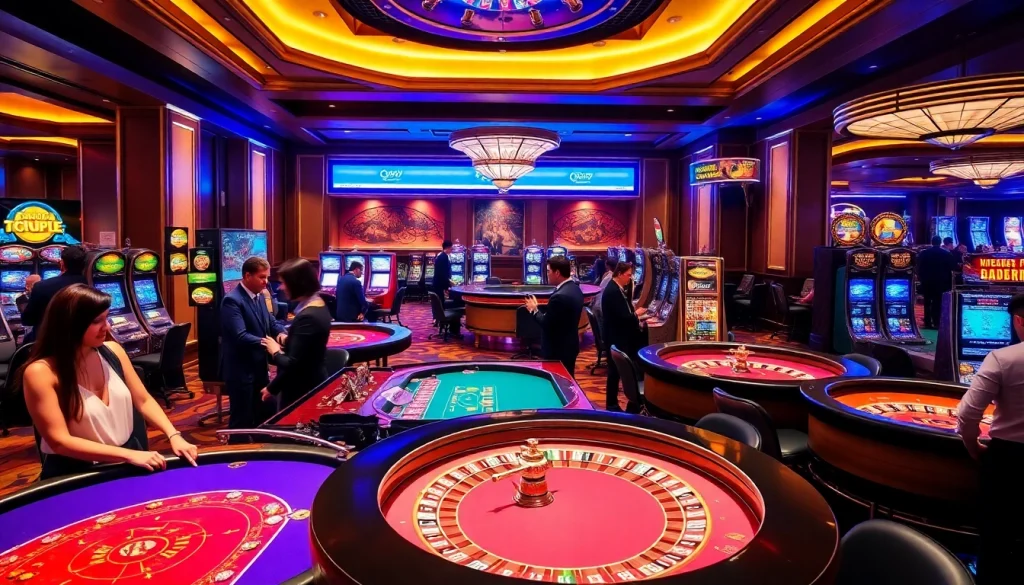 Experience the thrill of winning at DH88 in a luxury casino setting with vibrant tables and machines.