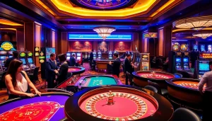 Experience the thrill of winning at DH88 in a luxury casino setting with vibrant tables and machines.