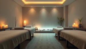 편안한 분위기와 진정시키는 장식이 있는 프리미엄 부산마사지 스파 치료실.