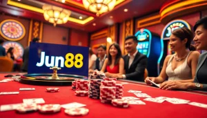 Exciting gambling action at Jun88 casino featuring poker, roulette, and slot machines.