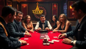 Players enjoying an exciting LUCK8 poker game at a stylish casino table.