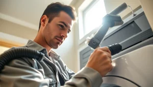 Technician performing Dryer Vent Cleaning with specialized tools, ensuring safety and air quality.
