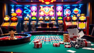 Experience thrilling casino action at https://kjc.football/ with a dazzling roulette table and colorful poker chips.