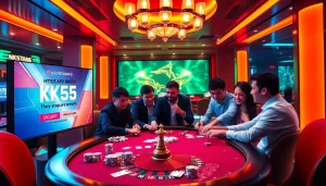 Experience thrilling betting action at https://kk55.space/ in a vibrant casino setting featuring poker tables and bright lights.