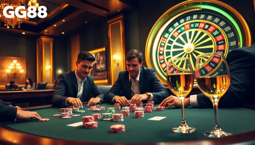 Exciting high-stakes poker scene at https://gg88.gold/ showcasing luxurious casino atmosphere with professional players and vibrant chips.