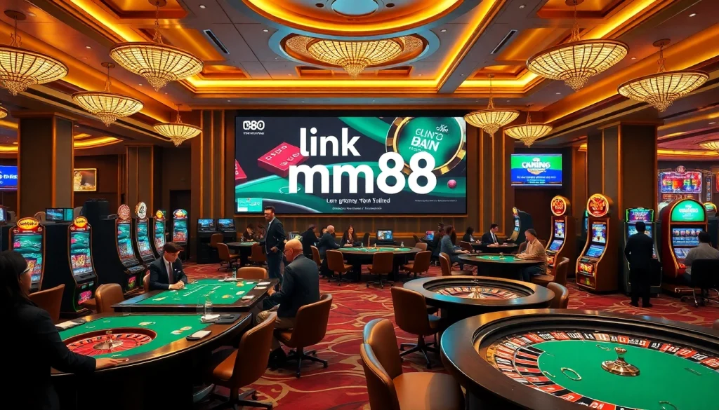 Engaging casino scene showcasing link mm88 with vibrant gaming tables and excited players.