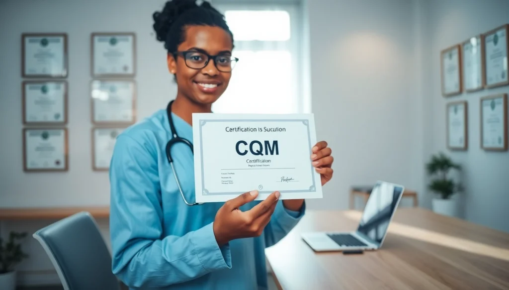Achieve cqm certification: healthcare professional proudly displaying their credential.