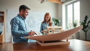 Residential architects for home renovation reviewing plans in a bright office setting.