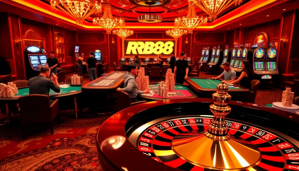 Gambling excitement at RR88 with players at poker tables and a vibrant roulette wheel