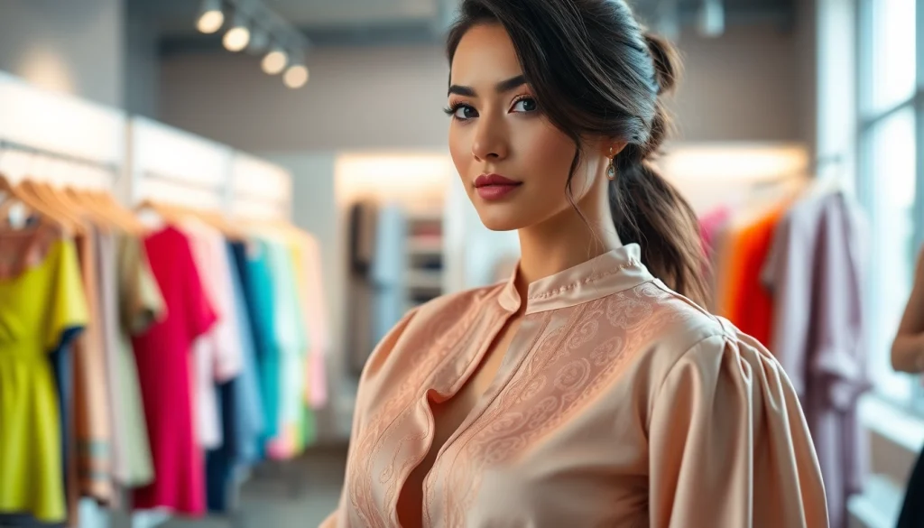 Elegant stof voor blouse in een trendy boetiek met kleurrijke kleding.