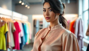 Elegant stof voor blouse in een trendy boetiek met kleurrijke kleding.