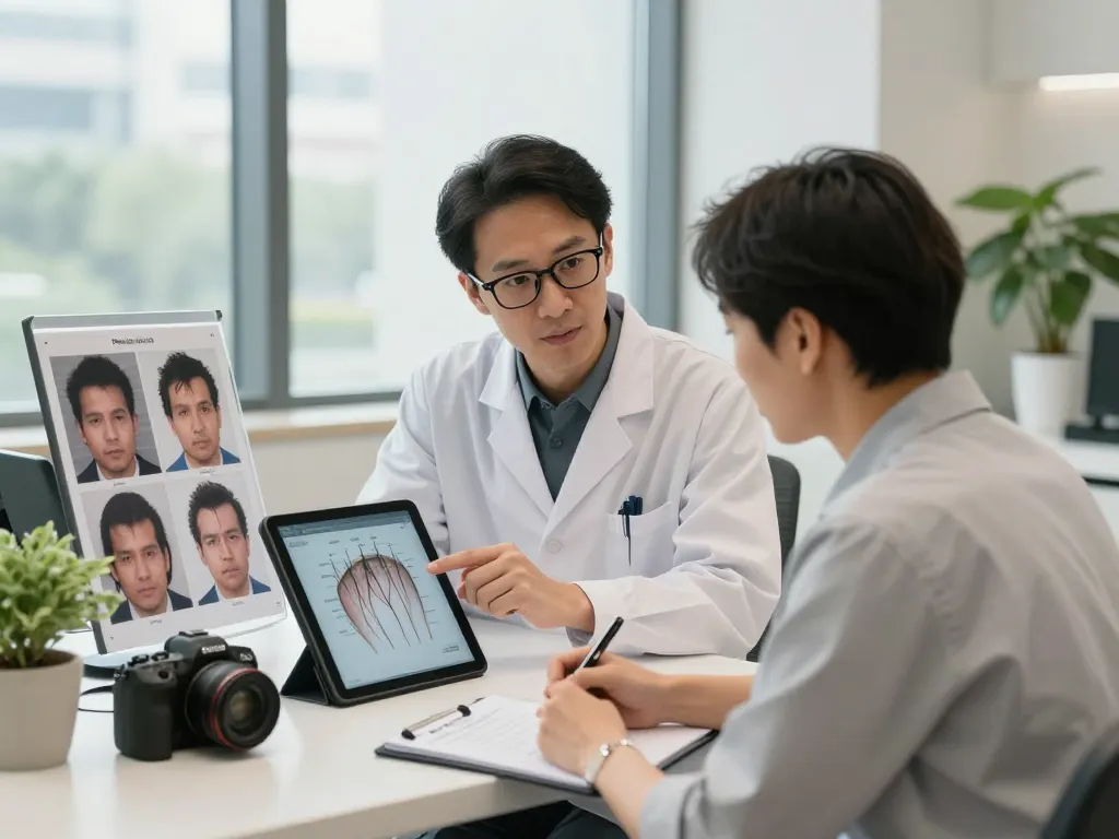 自毛植毛おすすめ口コミ＆評判情報【ショクコミ】の相談シーン、患者と外科医が現代的なクリニックで髪の再生オプションについて話し合っています。