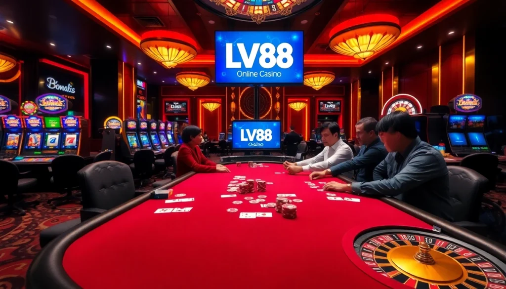 Players winning at LV88 casino, showcasing poker chips and vibrant slot machines.