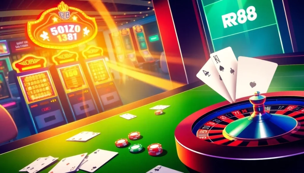 Experience the excitement of RR88 with a vibrant casino scene featuring slot machines, poker chips, and a roulette wheel.