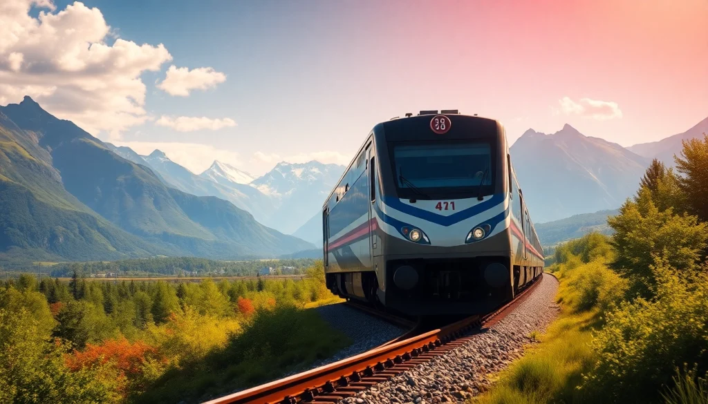 Train of a leading railway company traversing scenic terrain with natural sunlight.