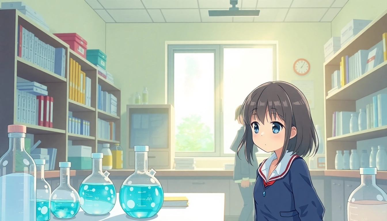 放課後化学クラブの高校生の少女が化学実験室で描かれた、興味深い情景。