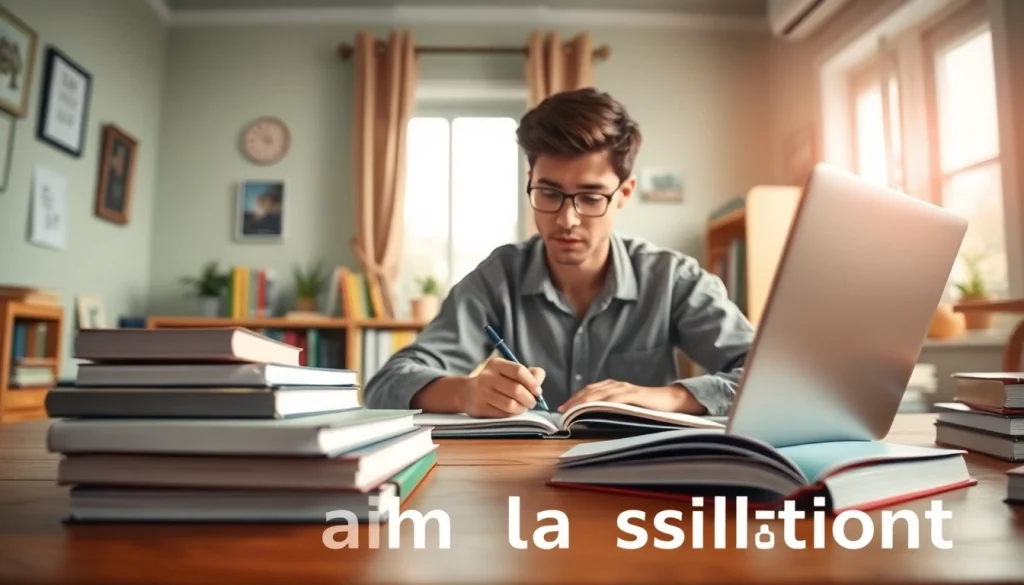 Engaged student utilizing exam assistance resources on a desk filled with study materials.
