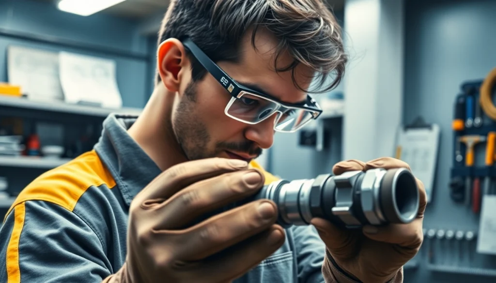 Hydraulic hose repair processes displayed by a qualified technician in a workshop setting.