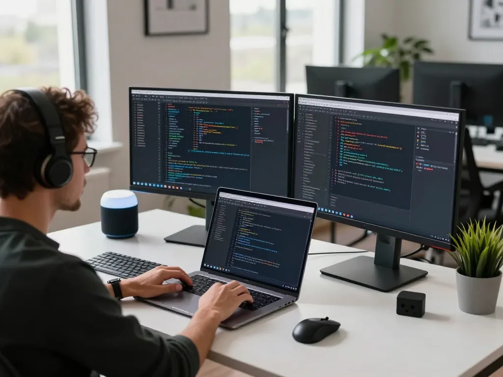 动态工作区展示了一位开发人员在双屏显示器和创新科技小工具下使用谷歌浏览器进行编码。