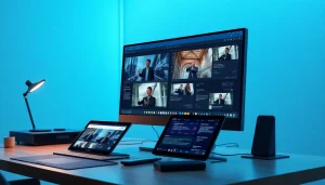 Video to prompt technology showcased in a modern workspace with screens analyzing video content.