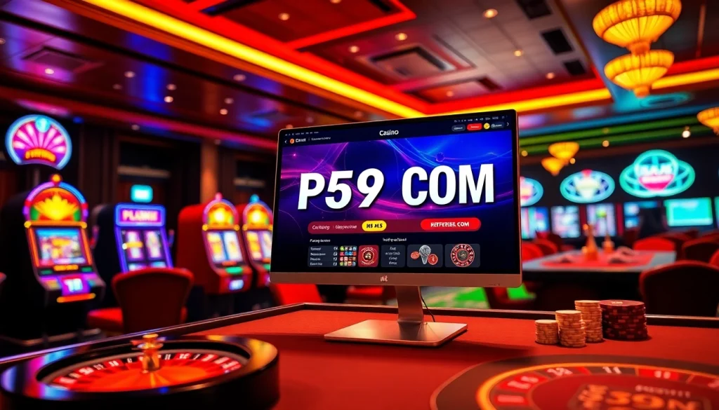 The PS99 COM interface showcased in a vibrant casino scene with gaming elements like slot machines and poker tables, conveying excitement.