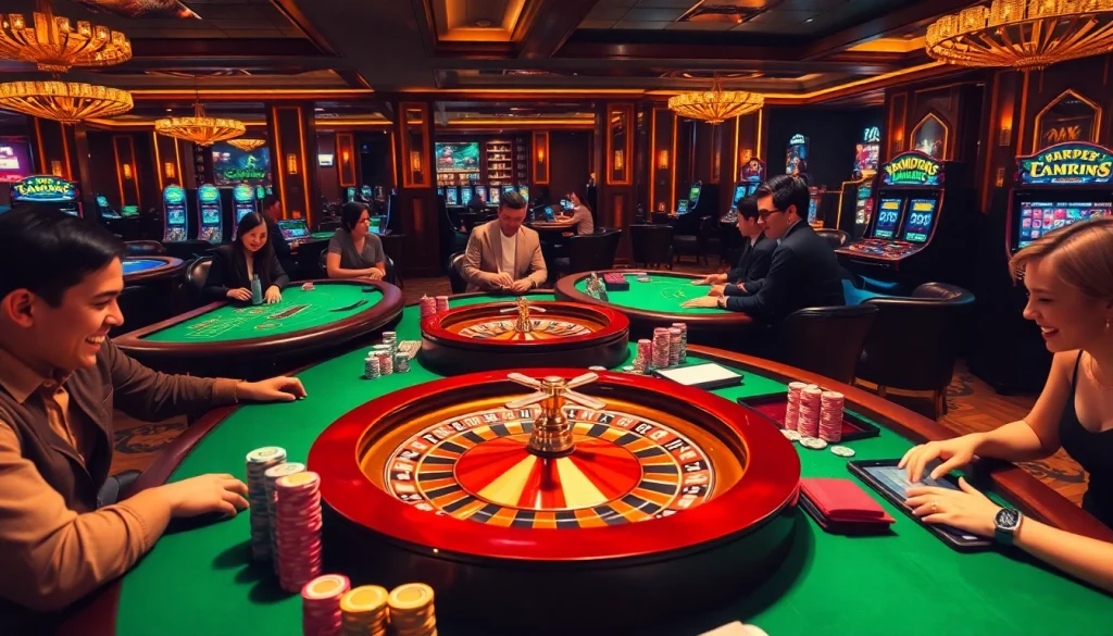 Players enjoying thrilling casino games at TR88, surrounded by vibrant poker tables and slot machines.