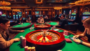 Players enjoying thrilling casino games at TR88, surrounded by vibrant poker tables and slot machines.