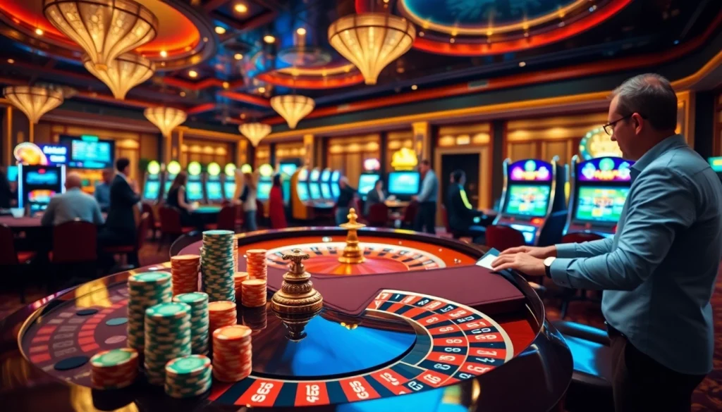 Exciting gaming scene at nhà cái cm88 with roulette, poker chips, and vibrant casino lights.