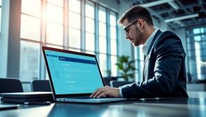 Aktualizacja systemu w wykonaniu technika przy nowoczesnym laptopie w biurze.